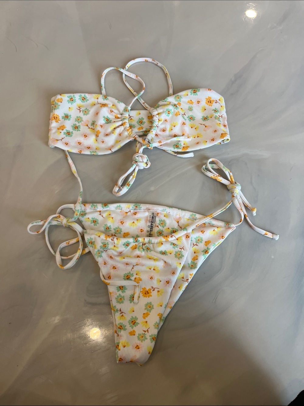 Zaful White Floral Tie-Side Bikini Bottom with Yellow & Mint Blooms